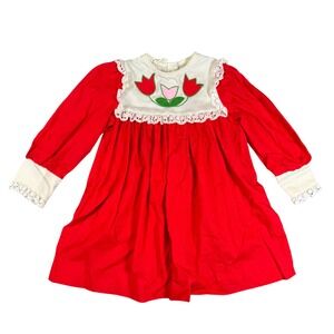 Kate Greenaway Vintage Girls Red Tulip Embroidered Lace Trim Dress Size 6